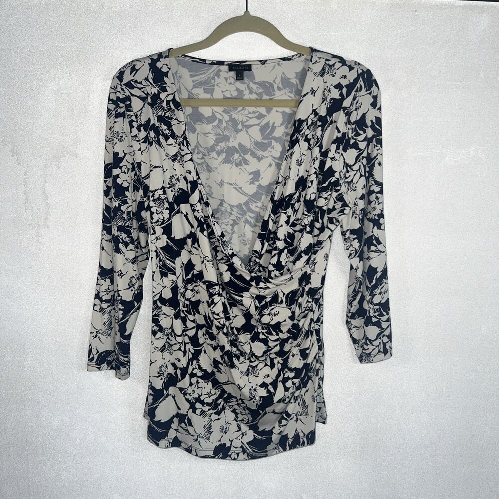 TALBOTS Women Stretch Comfy Rayon Wrap Blouse 3/4Sleeve Dark Navy White Floral L